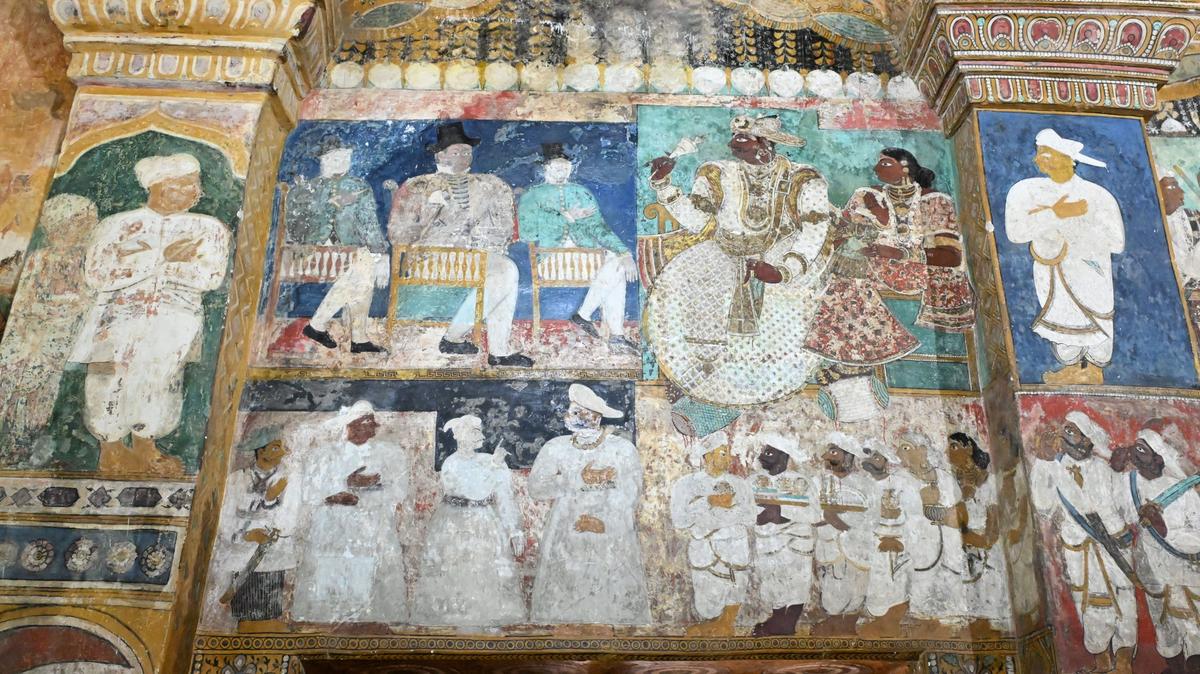 The faded murals that adorn the walls inside the Ramalinga Vilasam Palace Museum in Ramanathapuram.