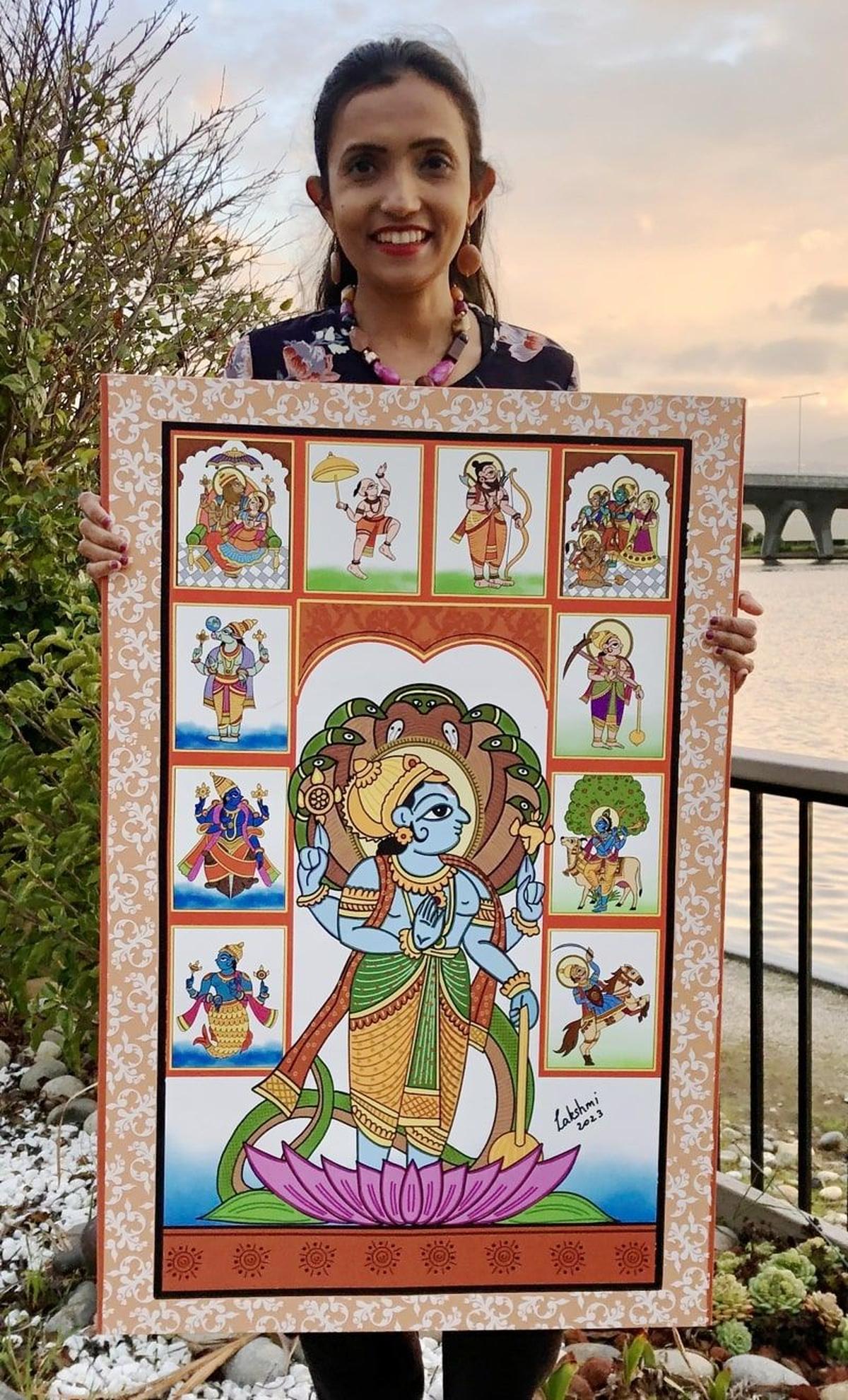 Lakshmi with Dasavatara Phad painting. Lakshmi with Dasavatara Phad painting.