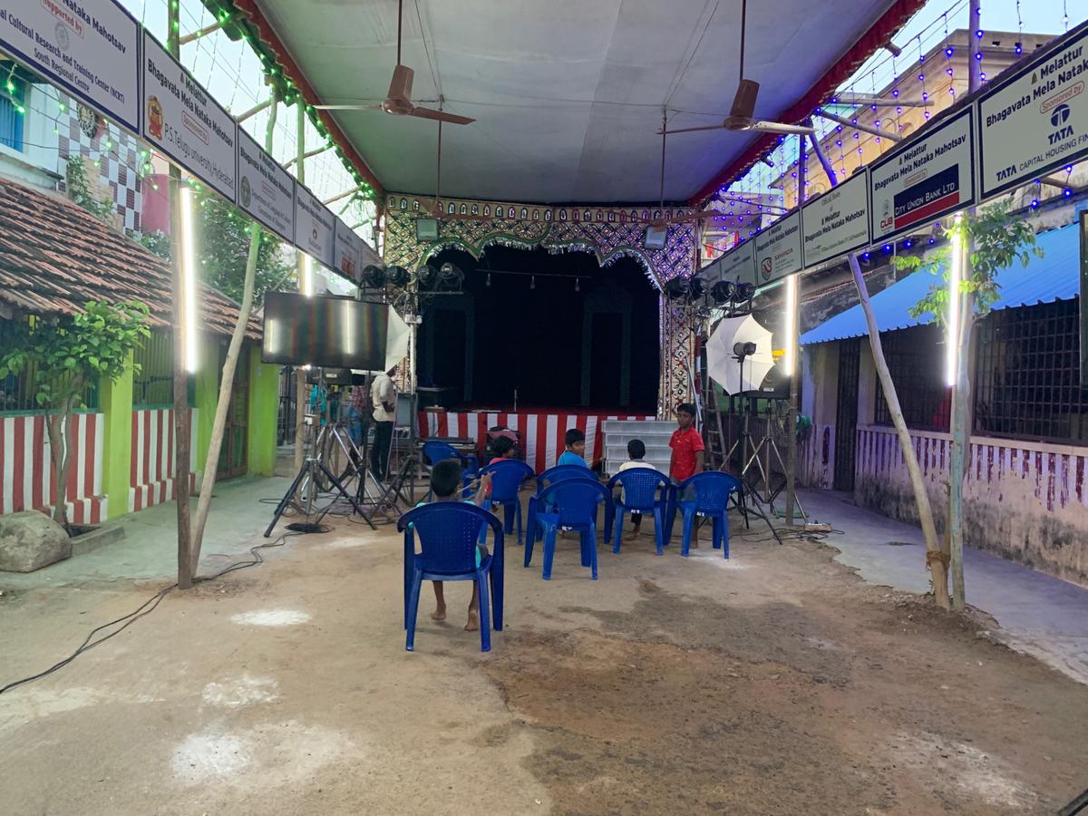 The make-shift stage set up in the middle of the agraharam facing Sri Varadaraja perumal temple is where the week-long festival takes place. A view of the arrangements being made before the start of this year’s Bhagavata Mela on the inaugural day (May 19).