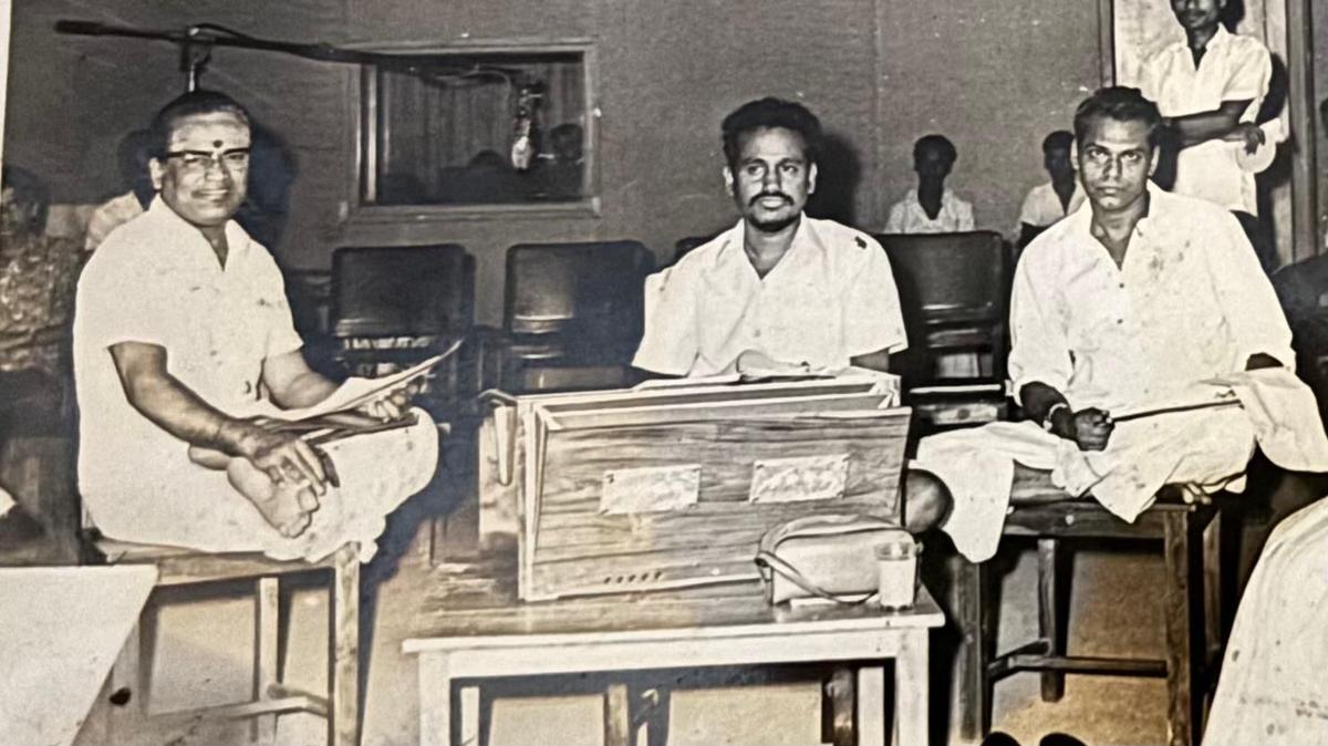 Devarajan master with T.M. Soundararajan and R.K. Sekar during a recording. Devarajan master with T.M. Soundararajan and R.K. Sekar during a recording.