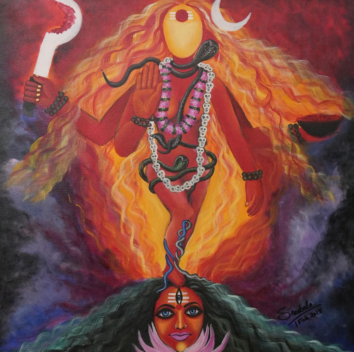 Una de las pinturas de Yogini actualmente expuestas en la Visual Art Gallery, India Habitat Centre, Nueva Delhi. Una de las pinturas de Yogini actualmente expuestas en la Visual Art Gallery, India Habitat Centre, Nueva Delhi.