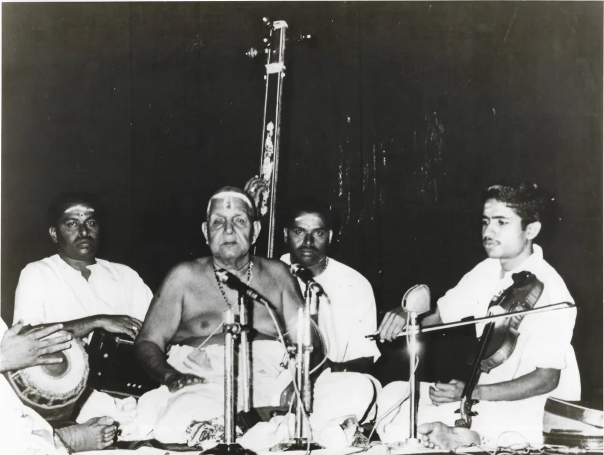 L. Subramaniam accompanying Chembai Vaidyanatha Bhagavatar on the violin. He says when he began composing for Western orchestra, he was trying to create a new system inspired by my Carnatic music heritage.