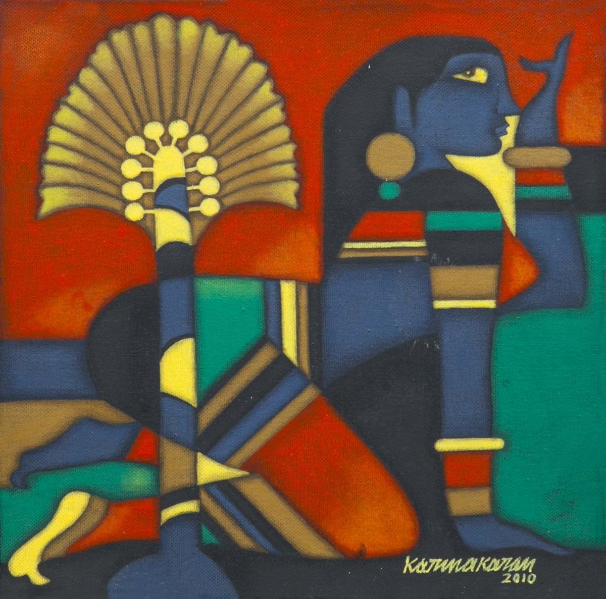 Some of Karunakaran’s paintings represent his signature play with geometric forms.