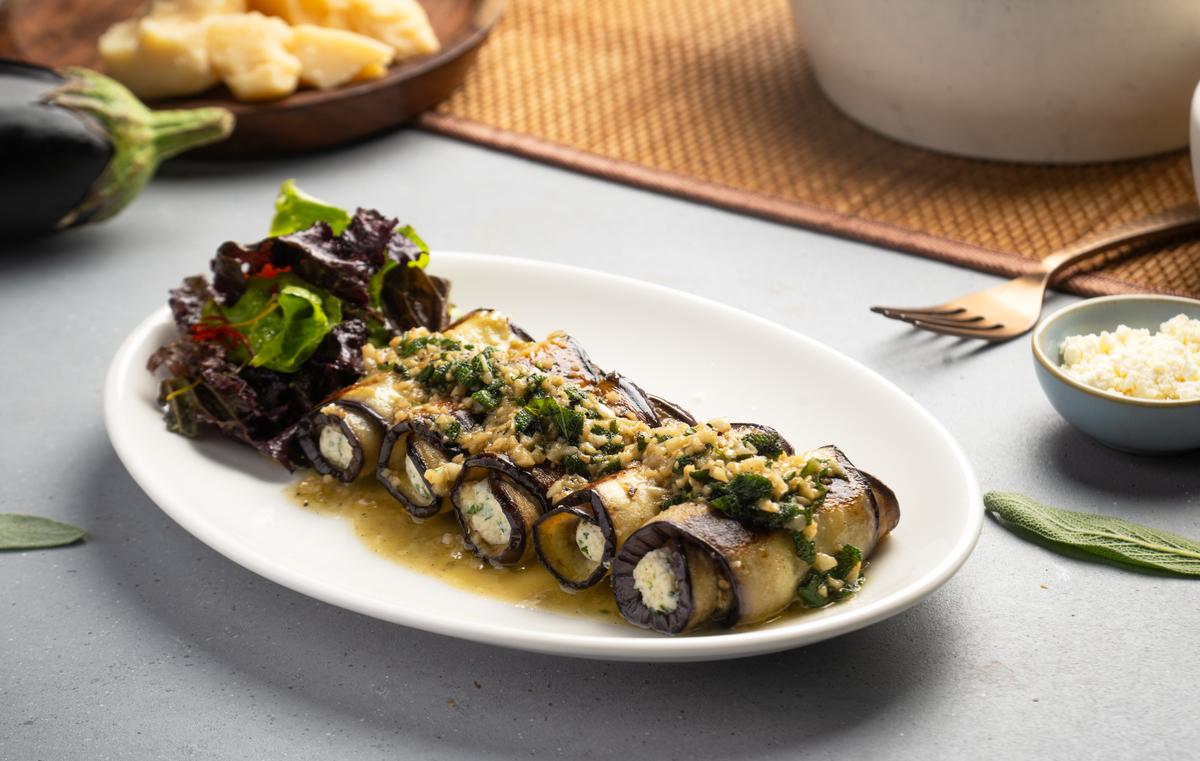 Aubergine wrapped ricotta gnocchi with sage butter