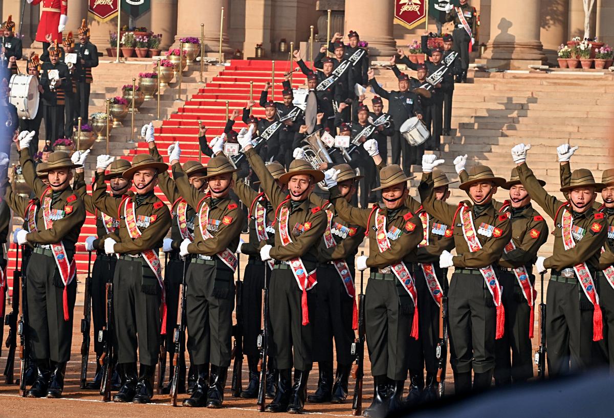 A glimpse of the inaugural show of the Change of Guard Ceremony in the new format at the Forecourt of Rashtrapati Bhavan, in New Delhi on February 16, 2025.