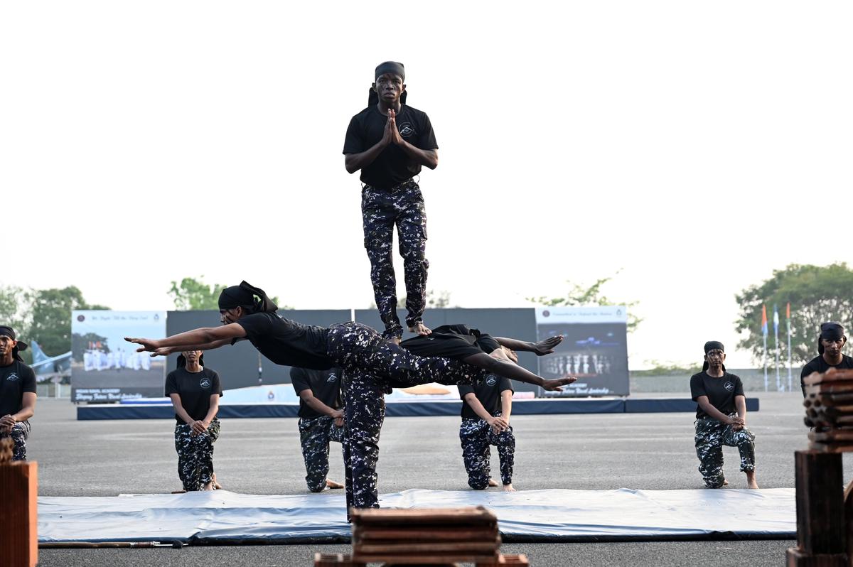 Cadets performing on the eve of the passing-out parade at the Indian Naval Academy, Ezhimala, on Thursday.