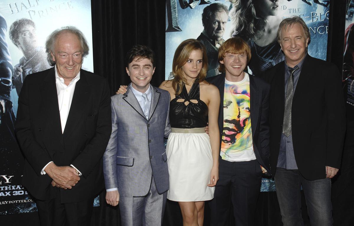 Michael Gambon, from left, Daniel Radcliffe, Emma Watson, Rupert Grint and Alan Rickman attend the premiere of “Harry Potter and the Half Blood Prince”, in New York, on July 9, 2009