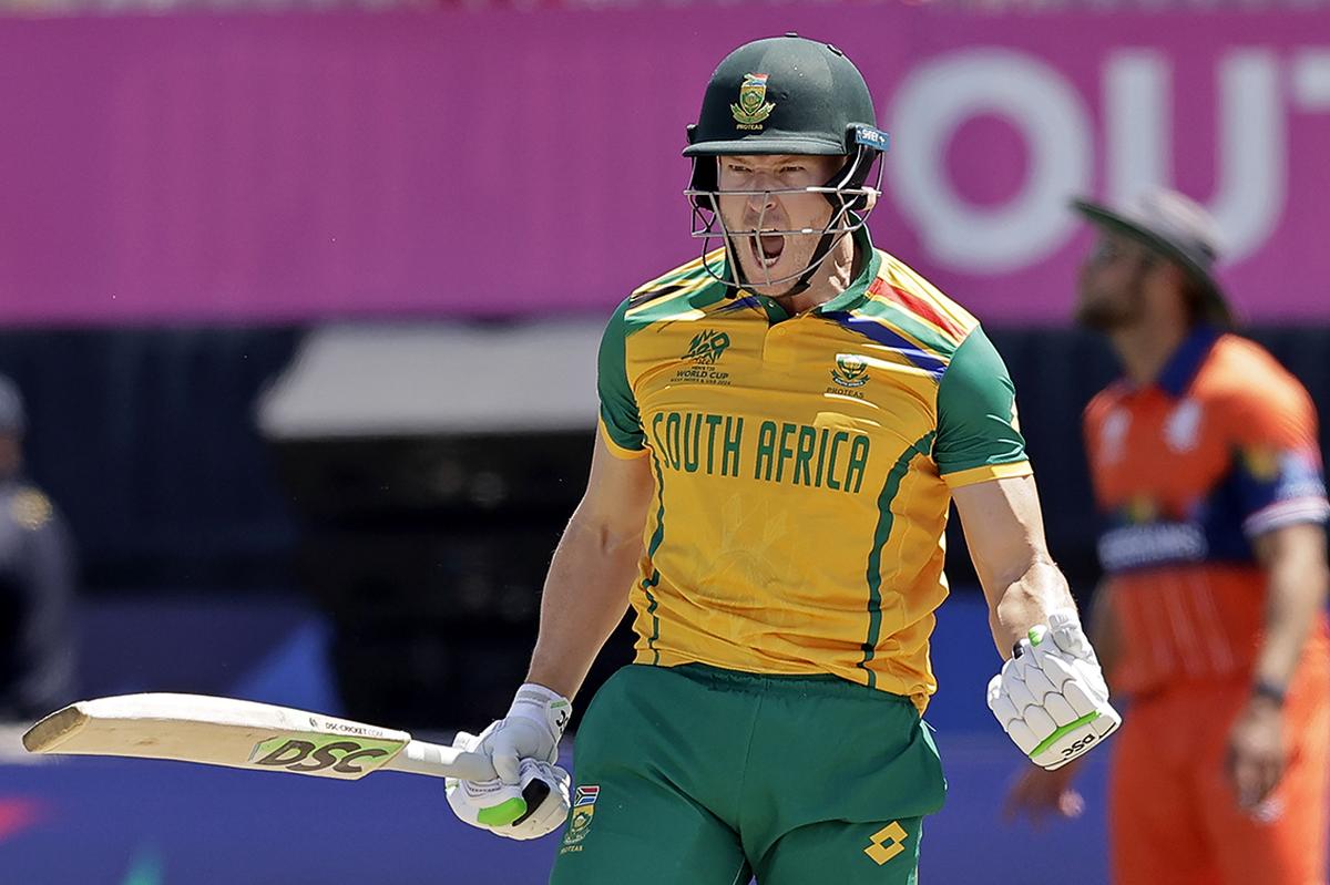 South Africa’s David Miller celebrates scoring the winning runs against the Netherlands during an ICC Men’s T20 World Cup cricket match at the Nassau County International Cricket Stadium in Westbury, N.Y., on June 8, 2024. 