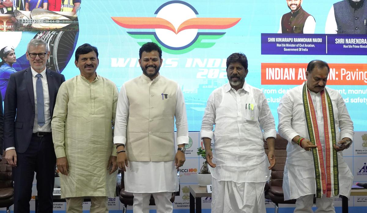 Union Civil Aviation Minister K. Rammohan Naidu along with Telangana Deputy Chief Minister Mallu Bhatti Vikramarka,  TPCC president Mahesh Kumar Goud, Revenue Minister Ponguleti Srinivas Reddy and Airbus India & South Asia President and MD Jürgen Westermeyer at Wings India 2026 at Begumpet Airport in Hyderabad on Thursday.