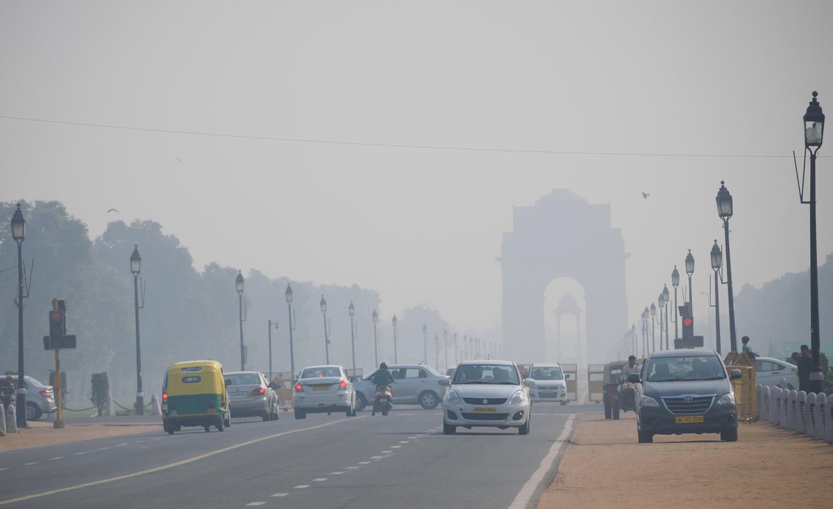 India Gate in New Delhi covered in heavy smog.