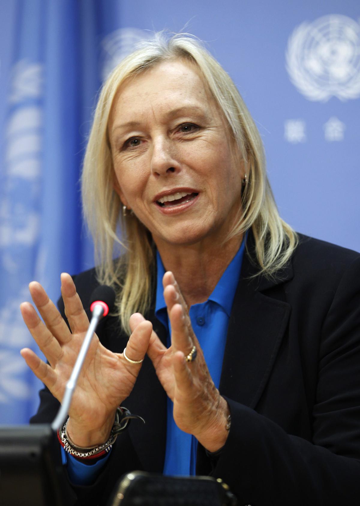 Tennis legend Martina Navratilova at the United Nations to appeal to world sports bodies to do more to support gay athletes. 