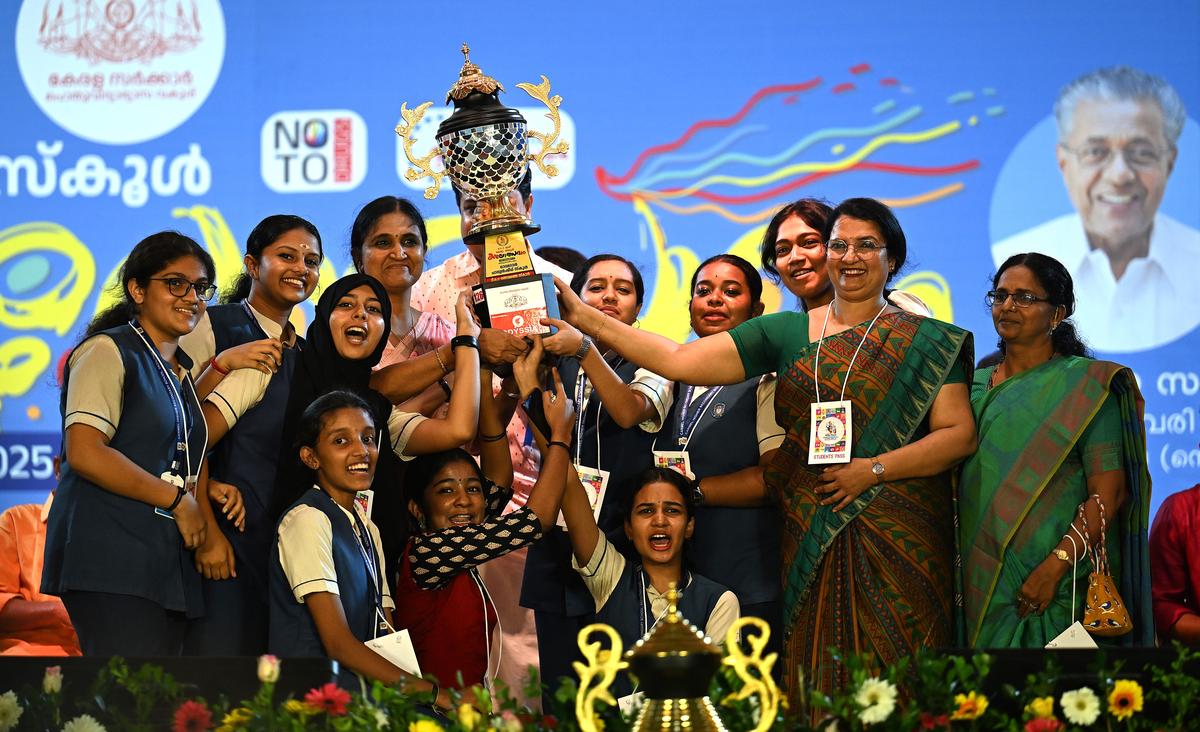 Carmel Higher Secondary school, Vazhuthacaud, lifts the trophy for the second best school of the 63rd  State School Arts Festival at Central Stadium in Thiruvananthapuram on Wednesday.  