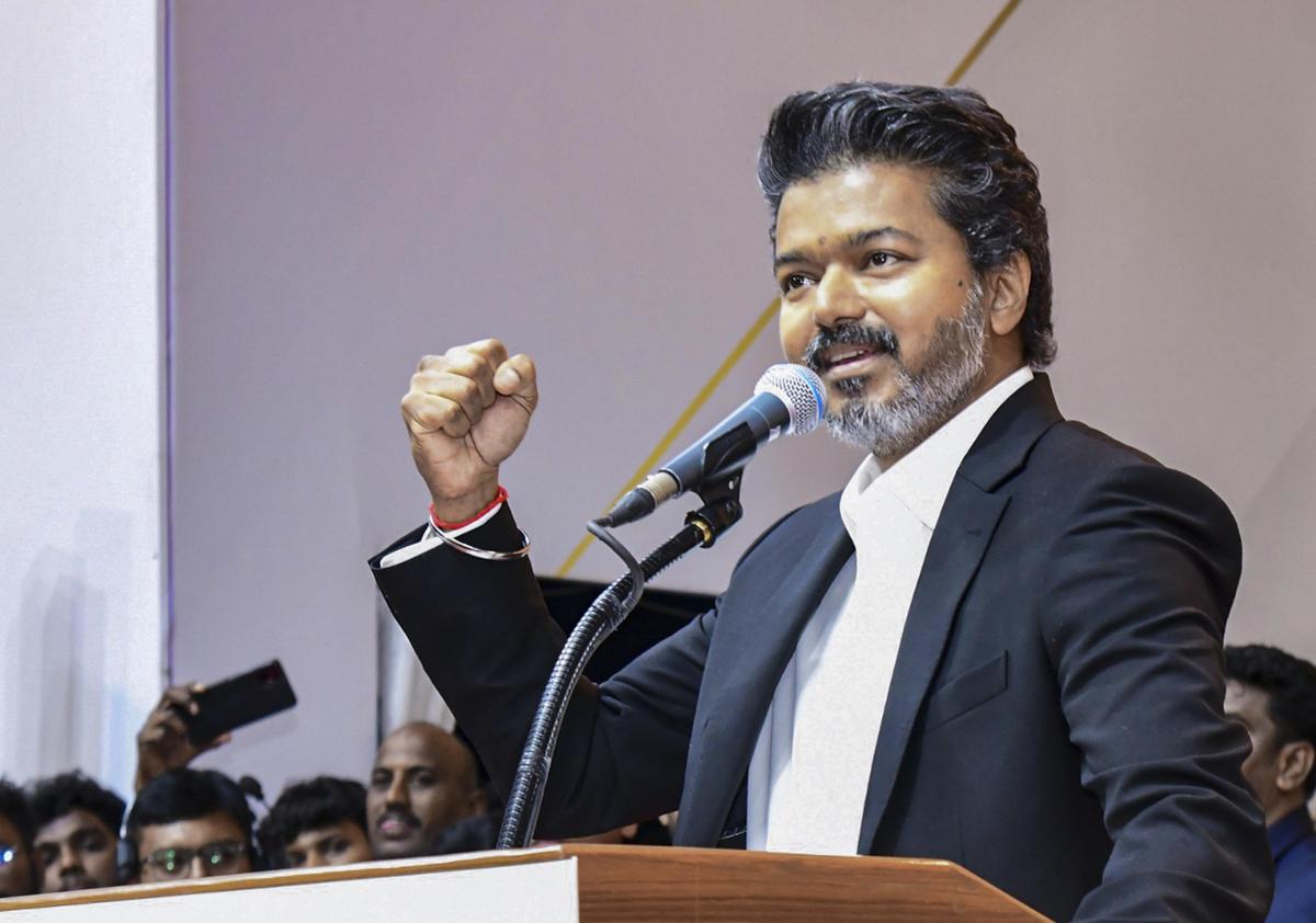 FILE: Tamilaga Vettri Kazhagam (TVK) chief C Joseph Vijay takes oath as Tamil Nadu Chief Minister during his swearing-in ceremony, at Jawaharlal Nehru Stadium, in Chennai, Sunday, May 10, 2026.