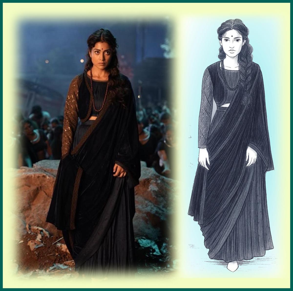 Shriya as Ambica; a sketch of her ensemble