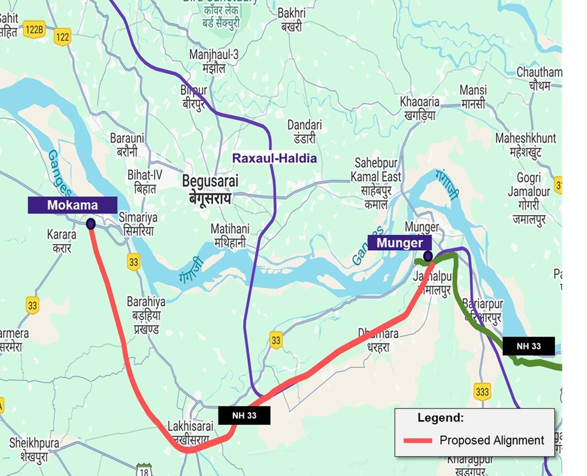 Project Alignment Map for Mokama-Munger provided by the Cabinet Committee on Economic Affairs. Photo: pib.gov.in Project Alignment Map for Mokama-Munger provided by the Cabinet Committee on Economic Affairs. Photo: pib.gov.in