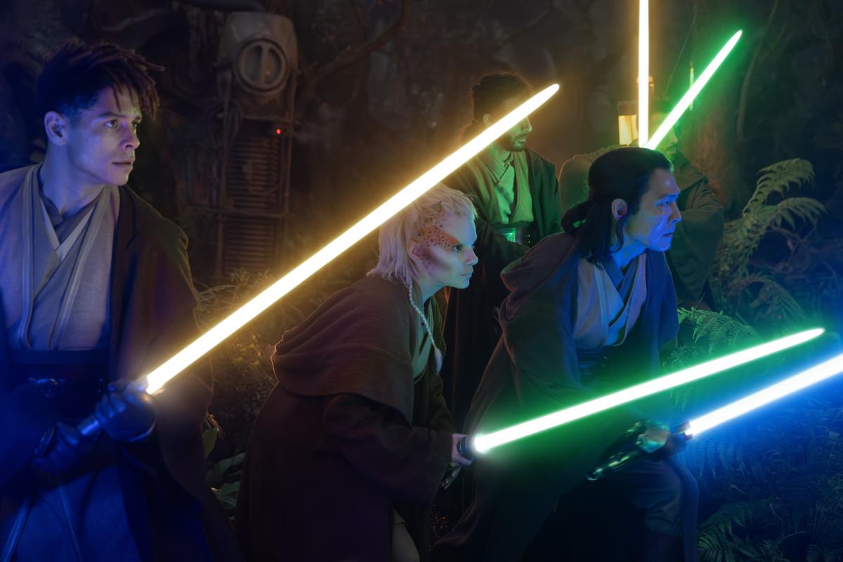 (L-R, front row): Yord Fandar (Charlie Barnett), Jedi Padawan Jecki Lon (Dafne Keen) and Master Sol (Lee Jung-jae) in Lucasfilm's THE ACOLYTE, exclusively on Disney+. ©2024 Lucasfilm Ltd. & TM. All Rights Reserved. Stills from The Acolyte Special Arrangement