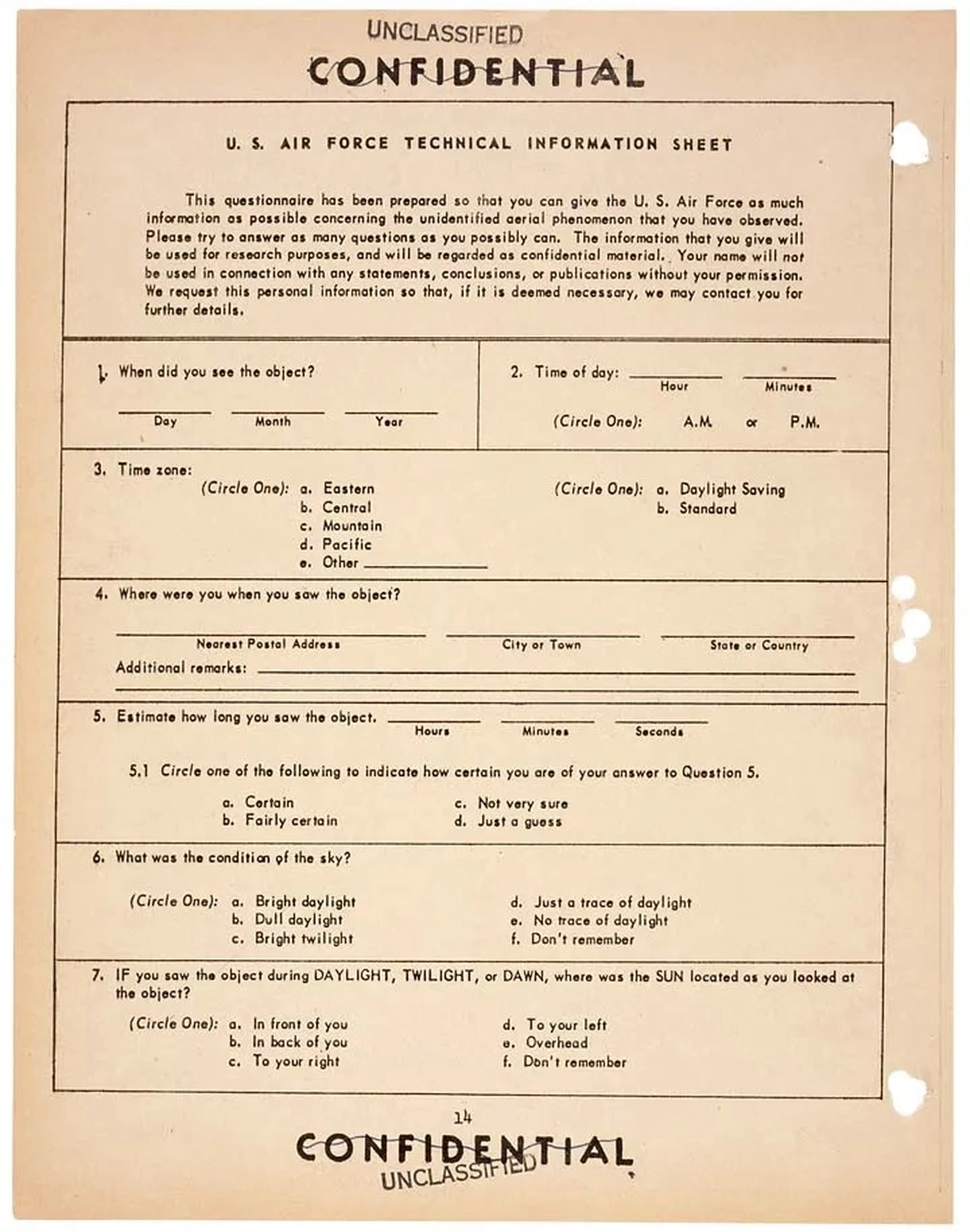 First page of the packet given to people claiming to have seen a UFO, from the Status Report: Project Blue Book, Dec. 31, 1952