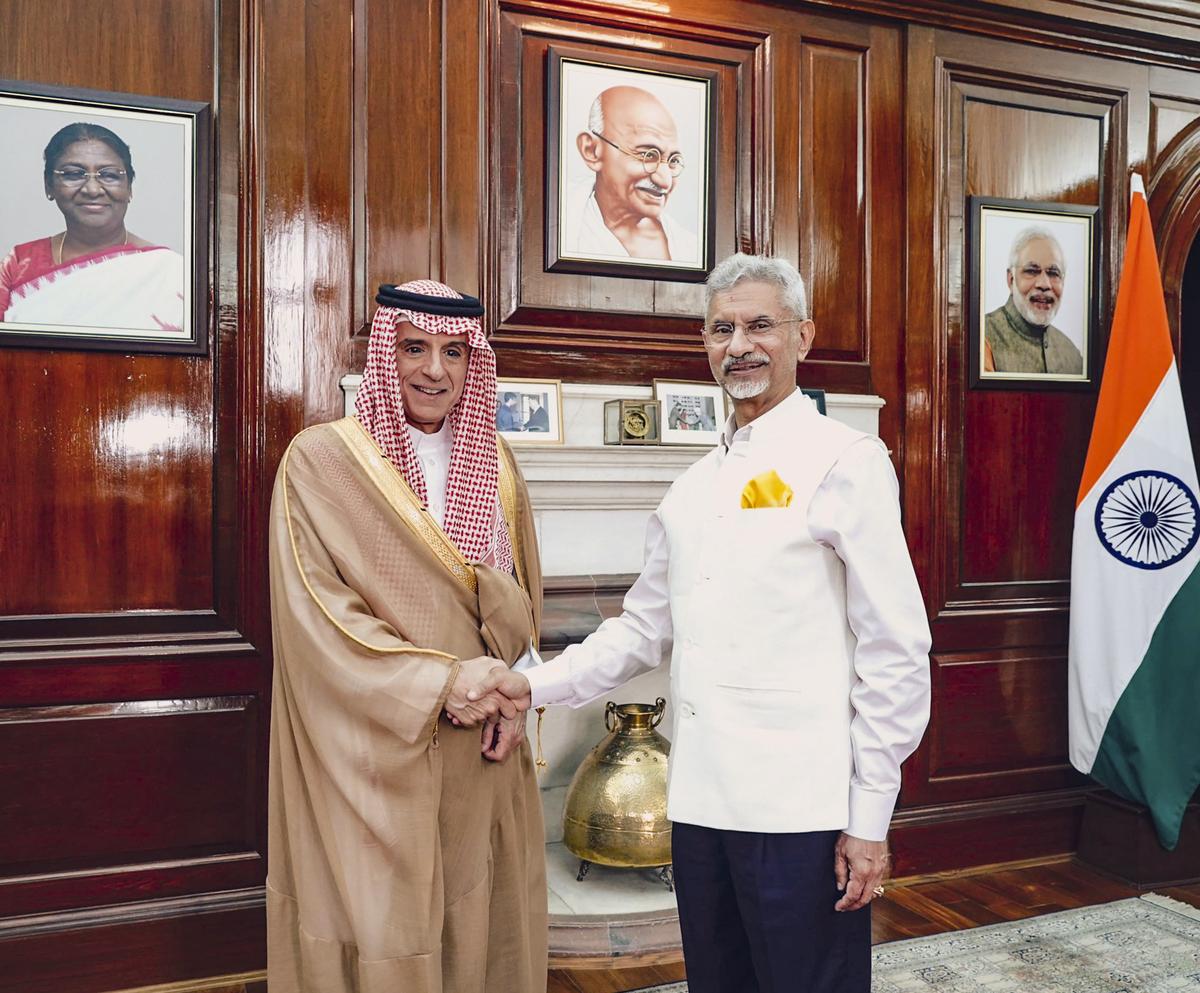 External Affairs Minister S. Jaishankar shakes hands with Minister of State for Foreign Affairs of Saudi Arabia Adel al-Jubeir during a meeting, in New Delhi. Photo: X/@DrSJaishankar via PTI