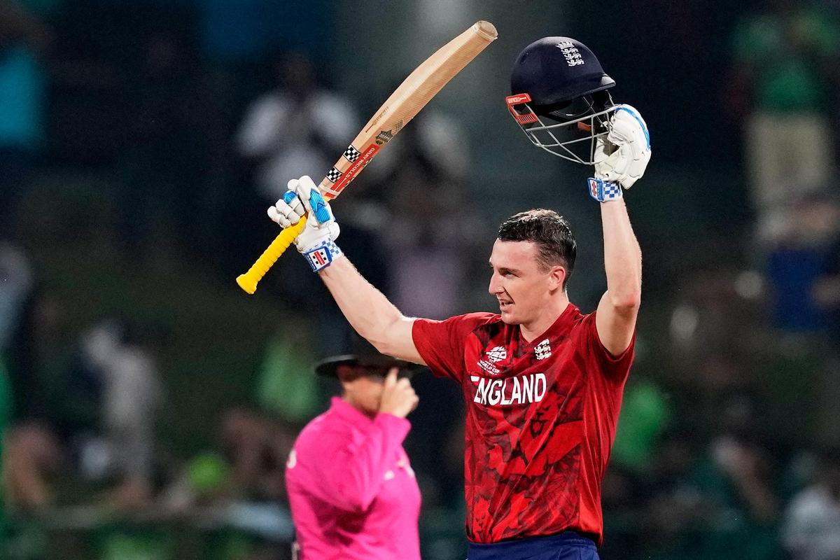 England's captain Harry Brook celebrates his century during the T20 World Cup cricket match against Pakistan in Pallekele, Sri Lanka, Tuesday, Feb. 24, 2026.