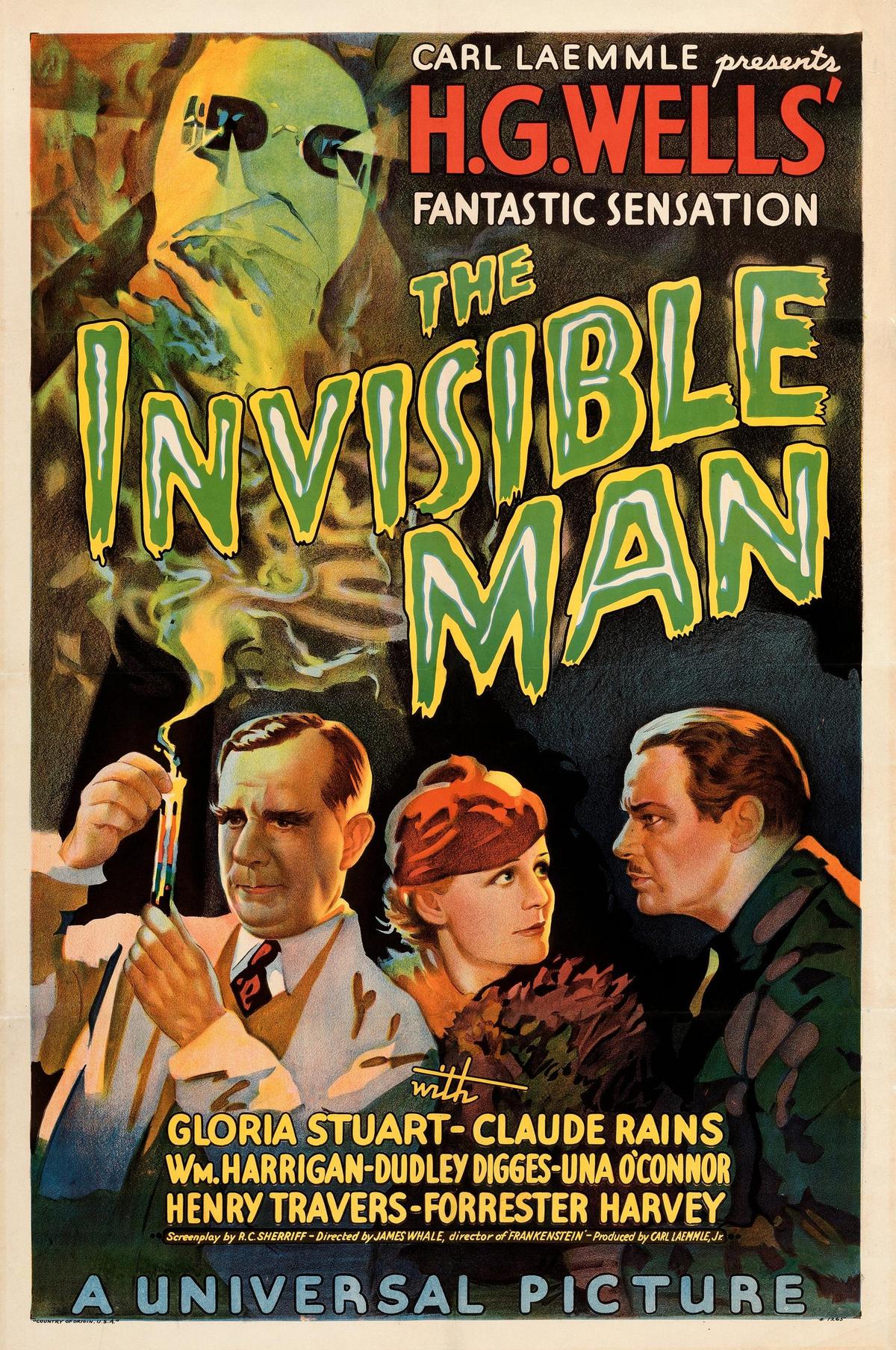 Cartel en movimiento para el hombre invisible (1933). A diferencia de la mayoría de las películas de su época, los productores utilizan un fondo de terciopelo negro para lograr el efecto invisible. 