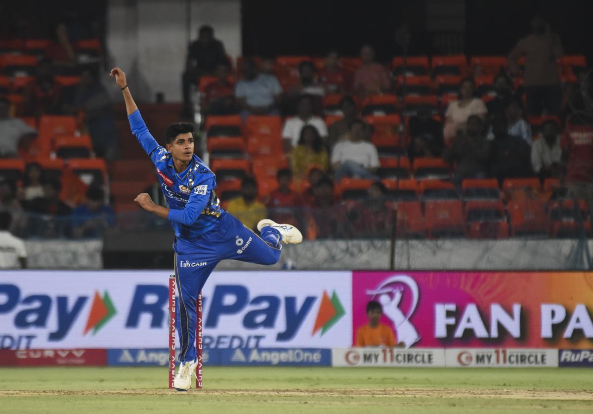Mumbai Indians’ Vignesh Puthur bowls a delivery during the Indian Premier League (IPL) 2025 cricket match between Sunrisers Hyderabad and Mumbai Indians, in Hyderabad. Mumbai Indians’ Vignesh Puthur bowls a delivery during the Indian Premier League (IPL) 2025 cricket match between Sunrisers Hyderabad and Mumbai Indians, in Hyderabad.