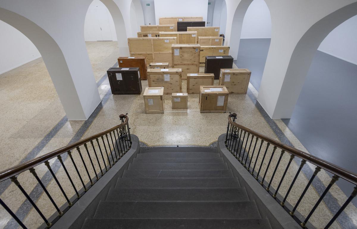 The crates used to transport the paintings from Ukraine are seen during the “From Dusk To Dawn” exhibition from the collection of the National Art Gallery of Kyiv at the Rath Museum in Geneva, Switzerland