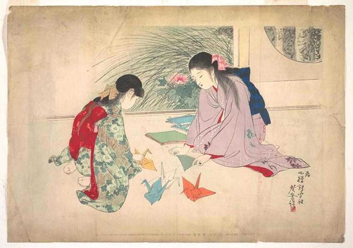 An ancient painting of women doing origami