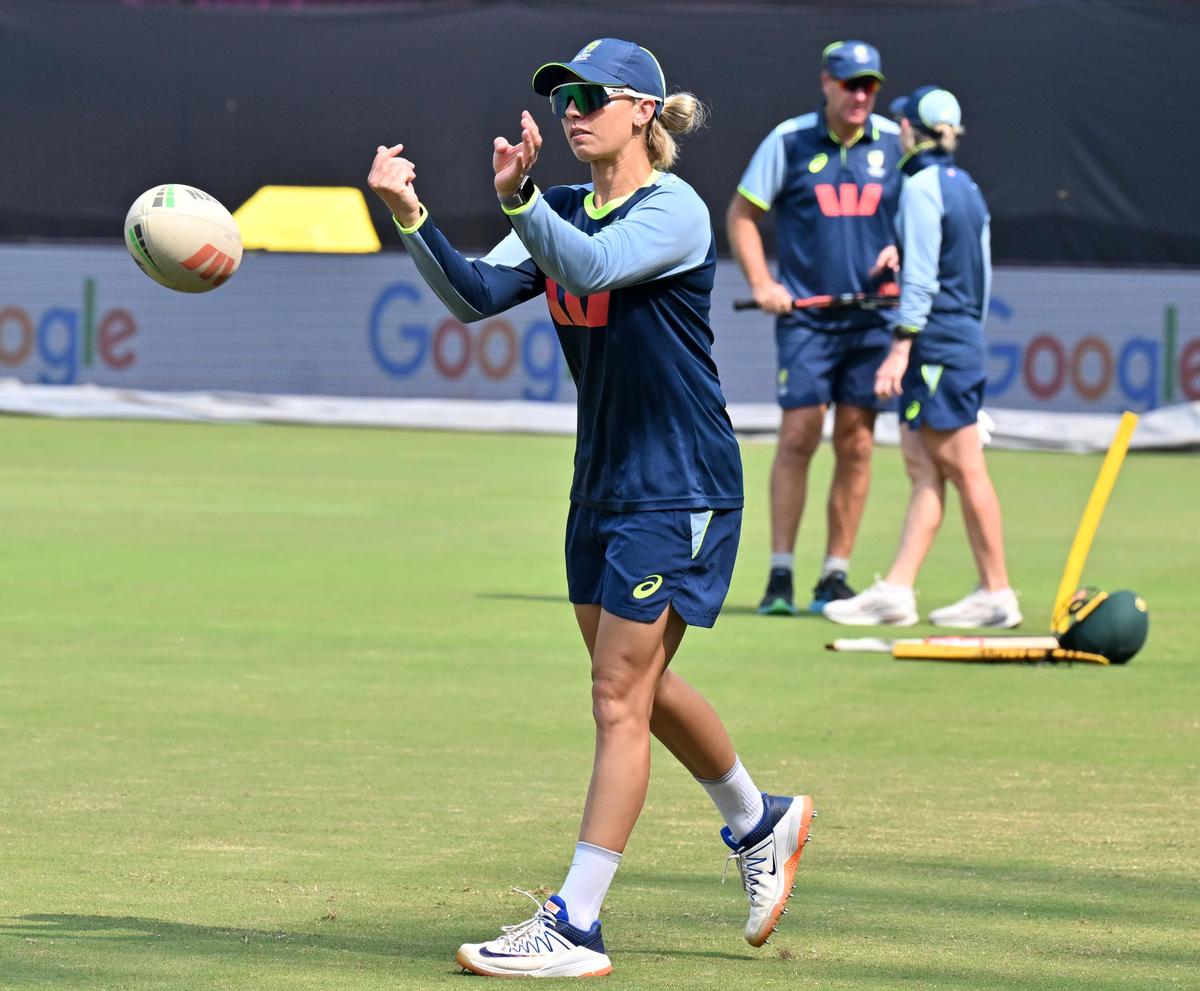 Australian women cricket team member seen during a net practice session ahead of the World Cup match against England at the Holkar Cricket Stadium in Indore, Madhya Pradesh on Monday,  October 21, 2025.  