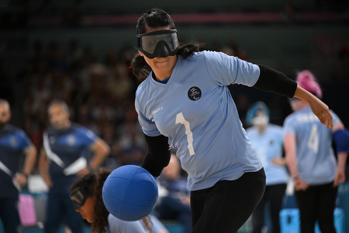 Team Israel competes during the goalball women’s preliminary match against China at the Paralympic Games in Paris.