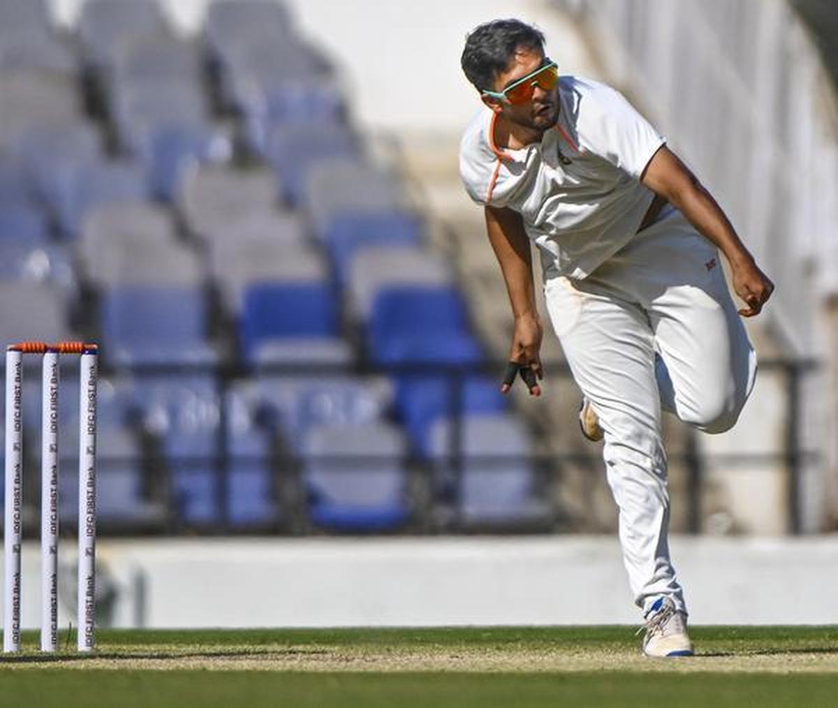 Vidharbha’s Harsh Dubey bowls during the Ranji Trophy semifinal cricket match between Mumbai  and Vidharbha at the Vidharba Cricket Association Stadium in Nagpur on Thursday, February 20, 2025.