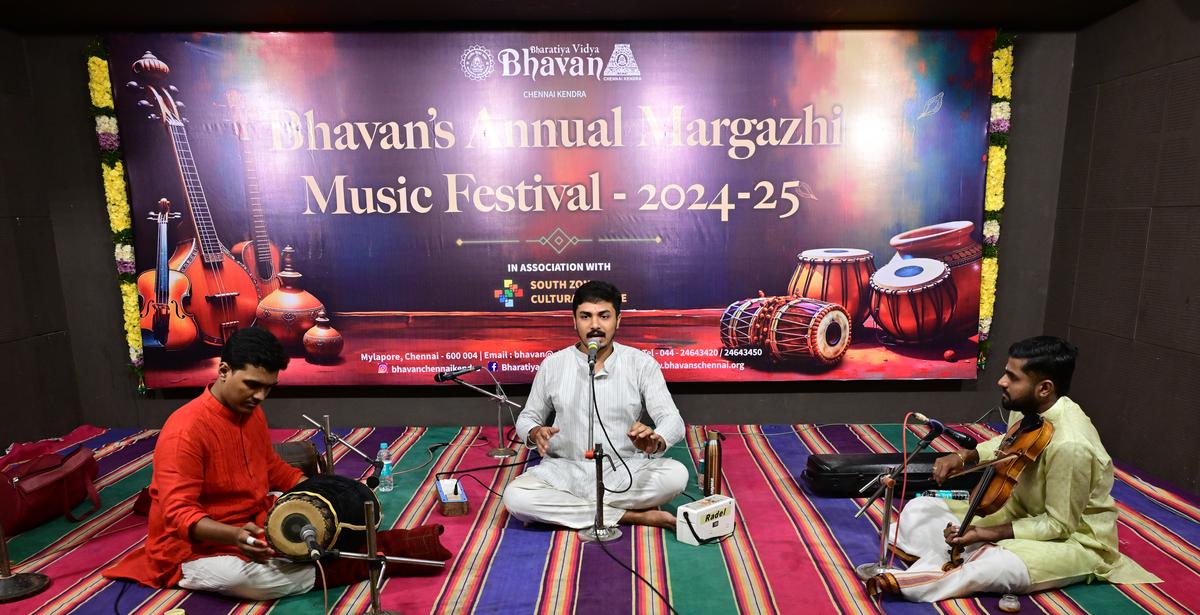 Prithvi Harish, singing at BVB in Mylapore on Friday... Photo: Srinath M/The Hindu