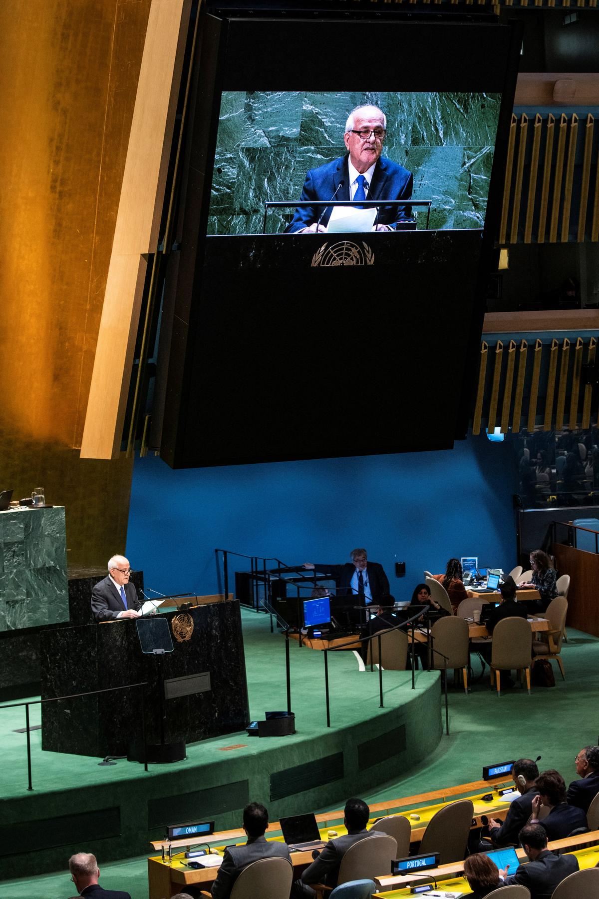 Palestinian Ambassador to the United Nations Riyad Mansour addresses delegates during the United Nations General Assembly before voting on a draft resolution that seeks to recognize Palestine as qualified to become a full U.N. member on May 10, 2024. 