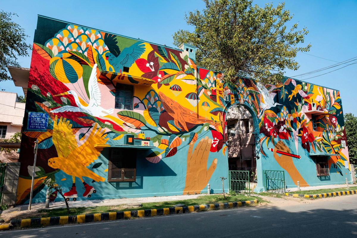 A view of ‘Fish Out of Water’ in Lodhi Art District, in New Delhi. The mural, an Indo-German collaborative work, has been created by Aashti Miller and Greta von Richthofen. 