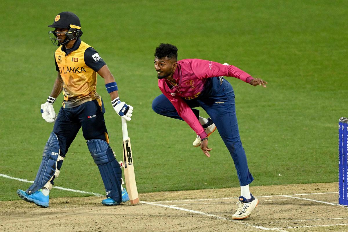 UAE’s Karthik Palaniapan Meiyappan bowls during the ICC men’s Twenty20 World Cup cricket match against Sri Lanka at the Kardinia Park in Geelong on October 18, 2022. 