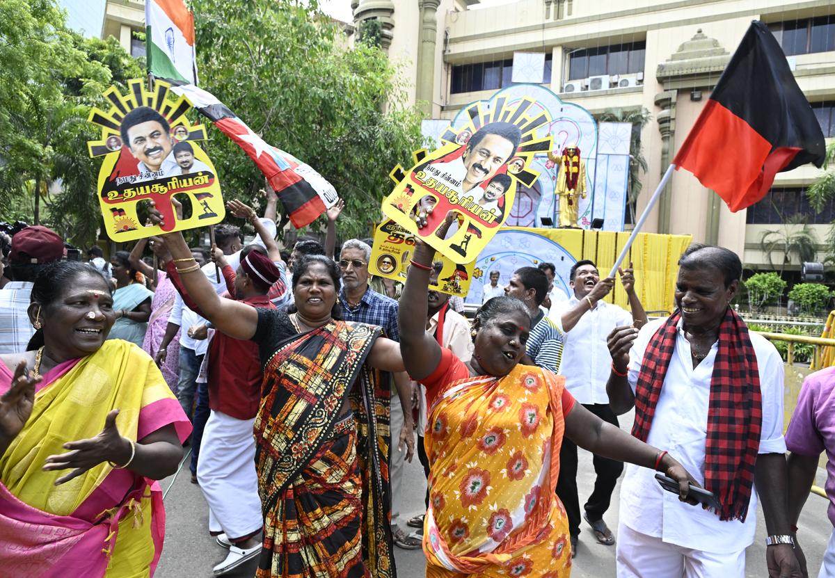 DMK  party Cadres celebrating  party leading over their  Lok Sabha Elections at Anna Arivalayam in Chennai.