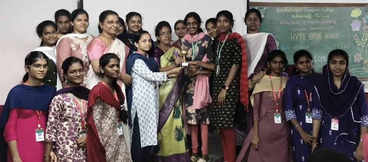 Some of the prize-winning students with college officials at the Byte-Bash inter-collegiate competition organised by Seethalakshmi Ramaswami College. 