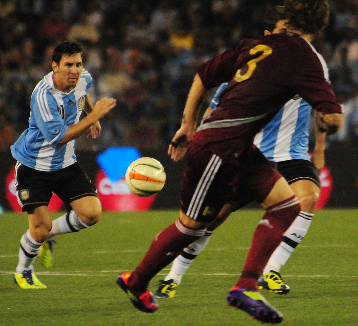 Lionel Messi in action during a FIFA international friendly between Argentina and Venezuela at the Yuva Bharati Kriangan in Kolkata on September 02, 2011.