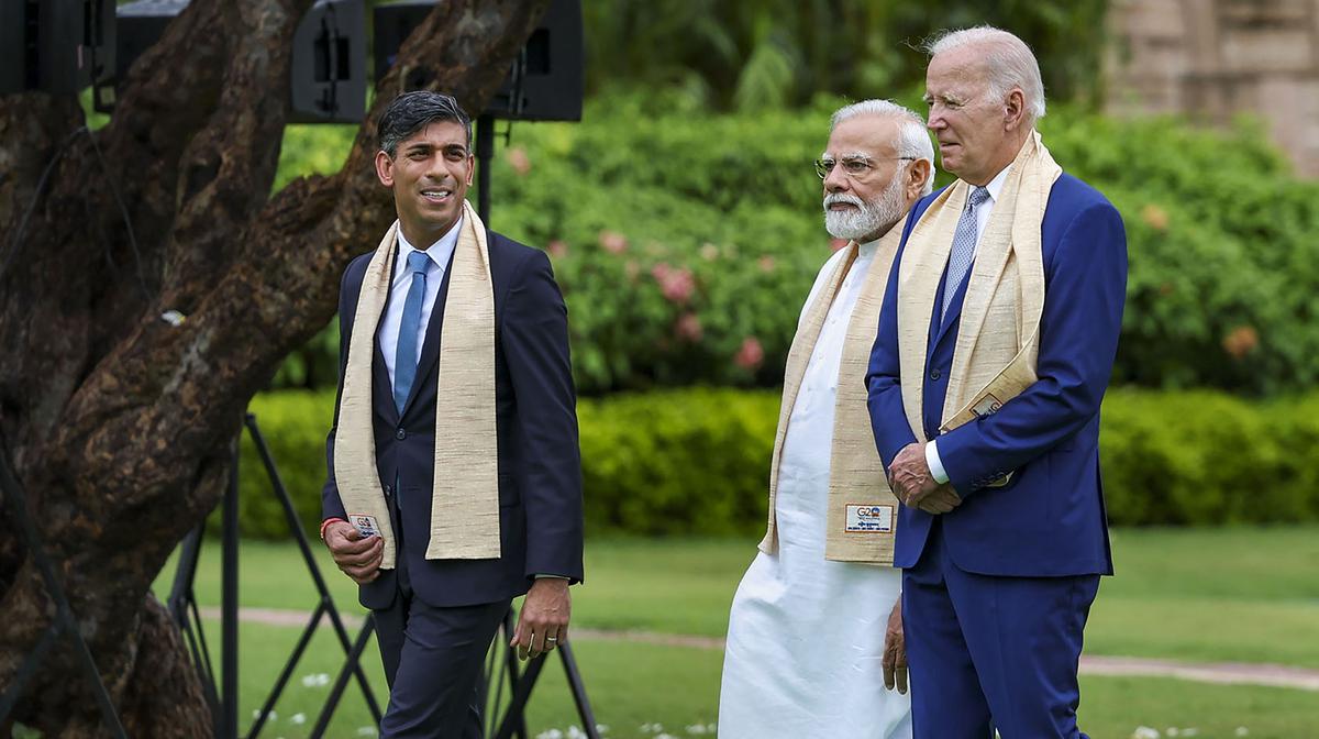(L to R) British Prime Minister Rishi Sunak, India’s Prime Minister Narendra Modi and U.S. President Joe Biden on the final day of the G20 Summit in New Delhi, September 10, 2023.
