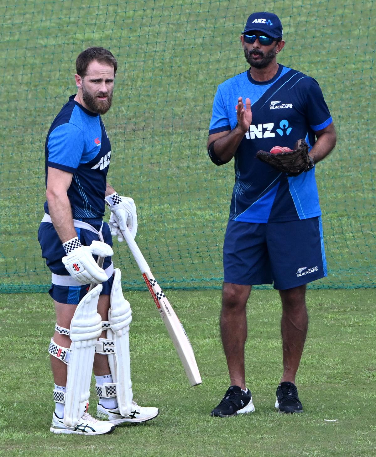 Kane Williamson and Vikram Rathour at the practice nets in Noida