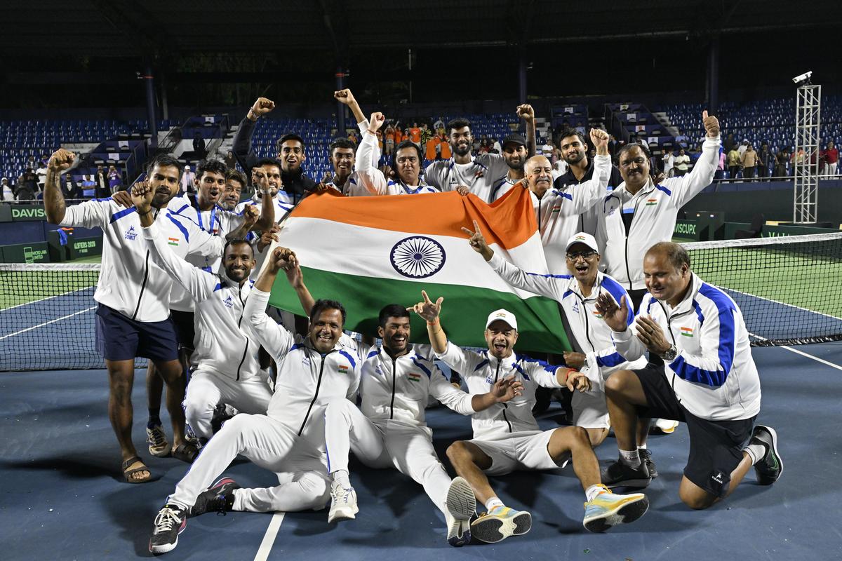 The India team celebrates after winning the Davis Cup tie against the Netherlands. 