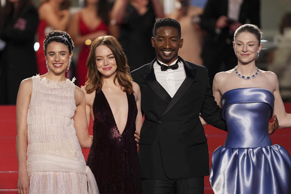 Margaret Qualley, from left, Emma Stone, Mamoudou Athie, and Hunter Schafer pose for photographers upon departure from the premiere of the film ‘Kinds of Kindness’ at the 77th international film festival, Cannes