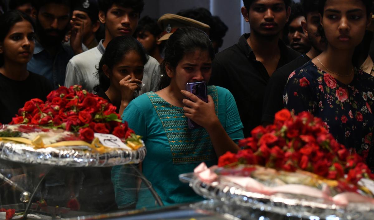 Students of CUSAT in tears as they bid adieu to the students killed in Saturday’s stampede at the campus, on November 26, 2023