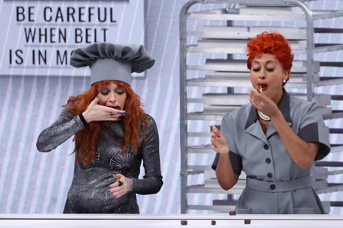 Natasha Lyonne and Tracee Ellis Ross perform a skit from the show “I Love Lucy” at the 75th Primetime Emmy Awards 