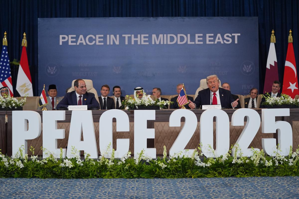 President Donald Trump speaks during a summit to support ending the more than two-year Israel-Hamas war in Gaza after a breakthrough ceasefire deal.