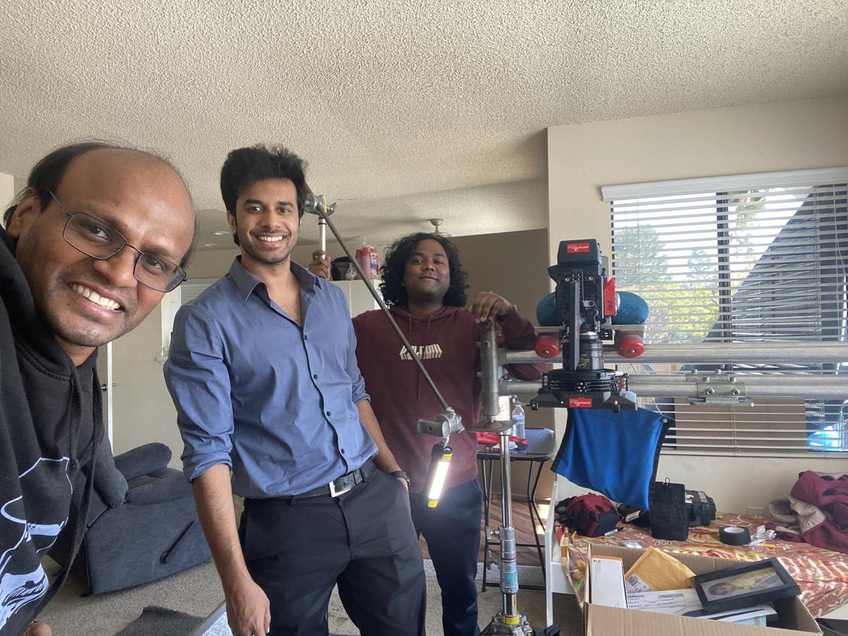 Sripal Sama, actor Kaushik Ghantasala and cinematographer Rahul Biruly while filming ‘How is That for a Monday’ in Orange County