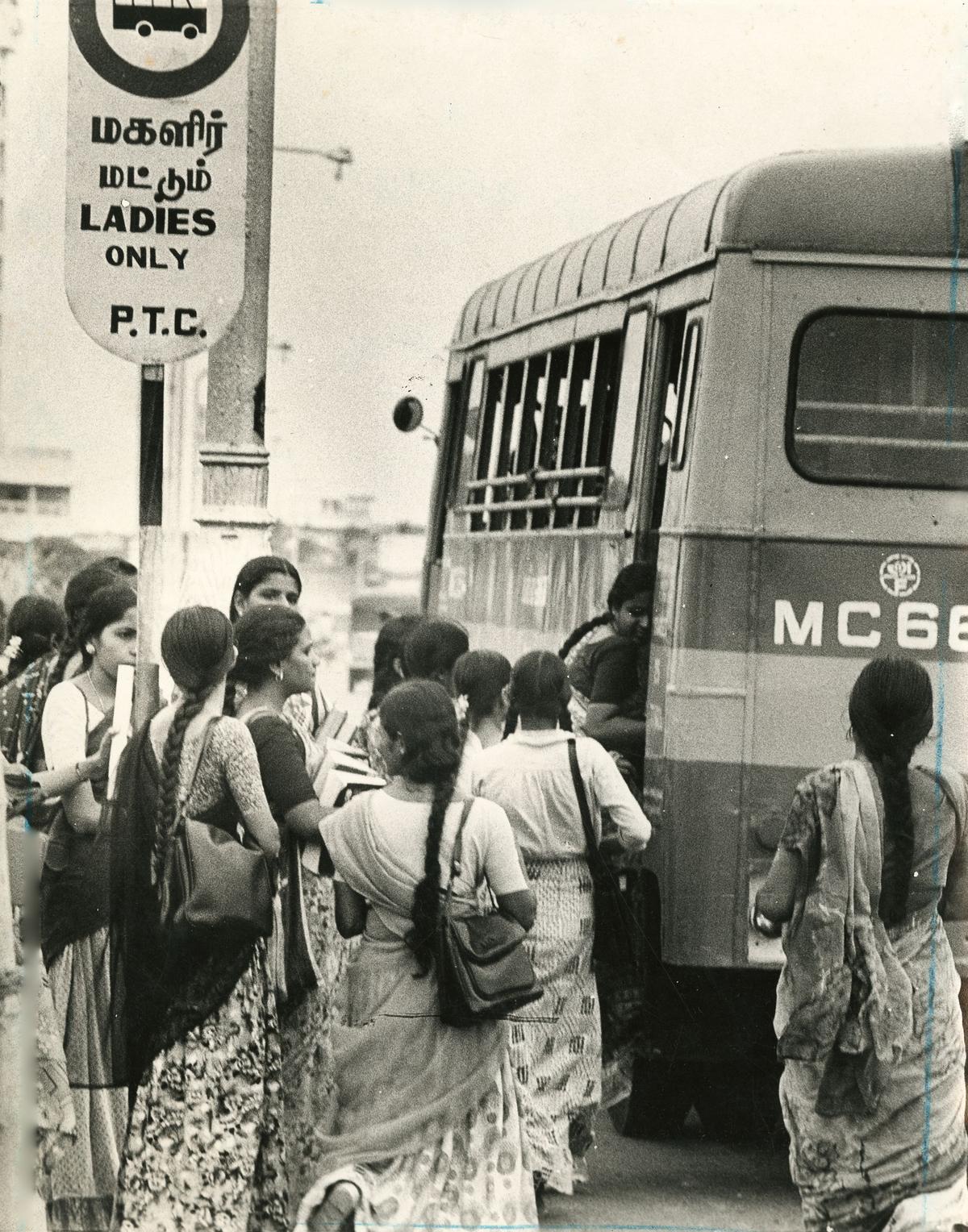 Ladies standing in a bus stop only for them, in Madras on July 07, 1981