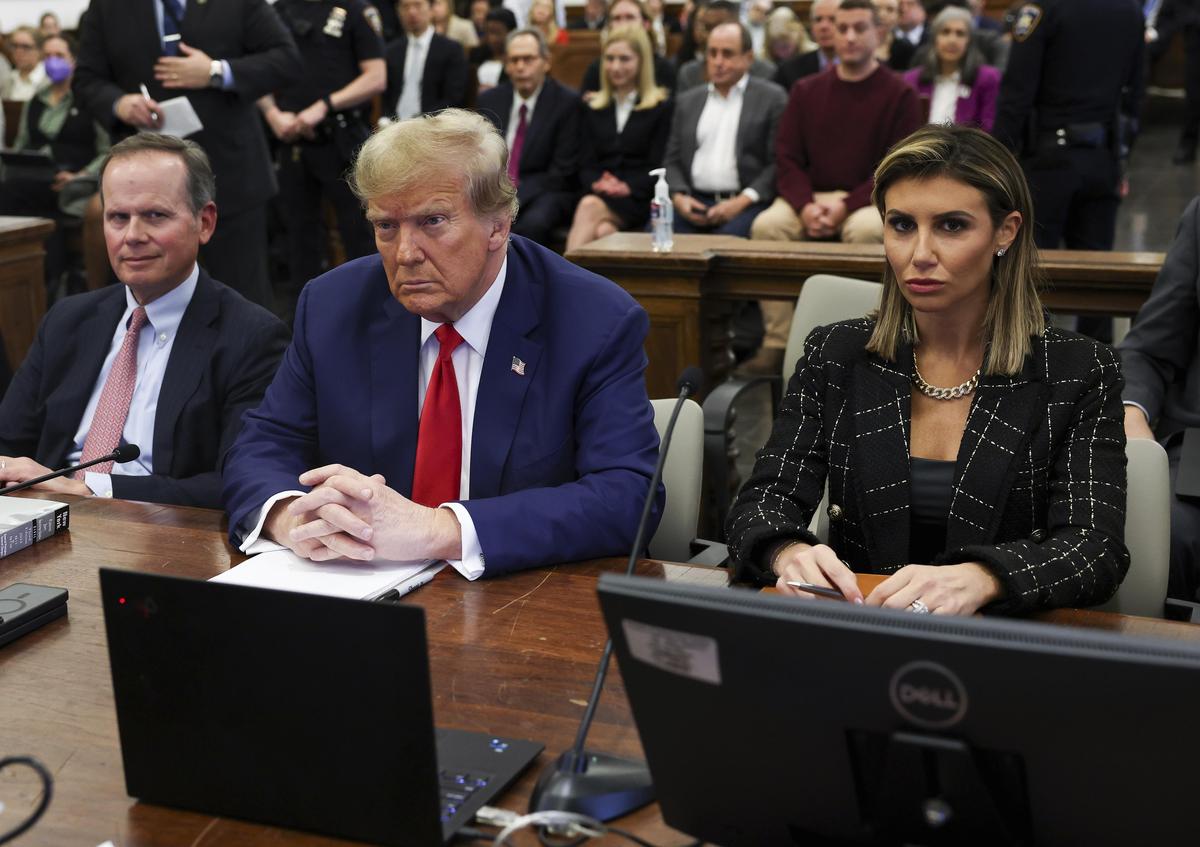 Donald Trump, with lawyers Christopher Kise and Alina Habba, attends the closing arguments in the Trump Organization civil fraud trial at New York State Supreme Court on January 11, 2024. File Donald Trump, with lawyers Christopher Kise and Alina Habba, attends the closing arguments in the Trump Organization civil fraud trial at New York State Supreme Court on January 11, 2024. File