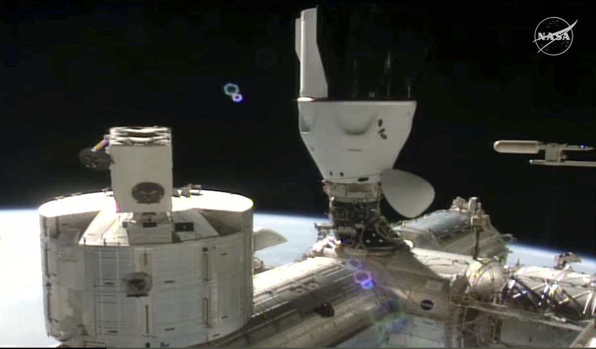 This image made from video provided by NASA and SpaceX shows the docked SpaceX capsule to the International Space Station Saturday August 2, 2025. This image made from video provided by NASA and SpaceX shows the docked SpaceX capsule to the International Space Station Saturday August 2, 2025.
