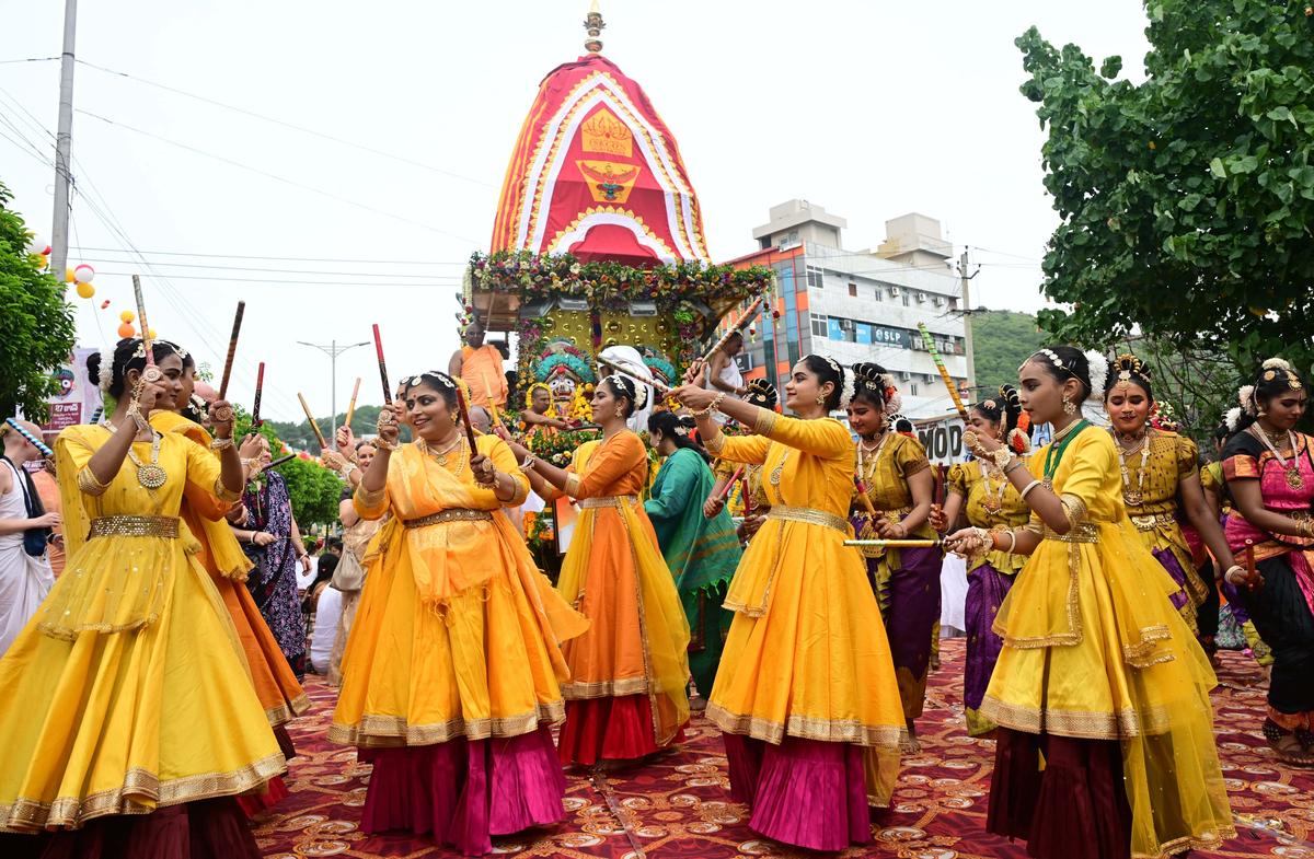 Artistes taking part in cultural performances during Sri Jagannath Rath Yatra  in Vijayawada on Friday. 