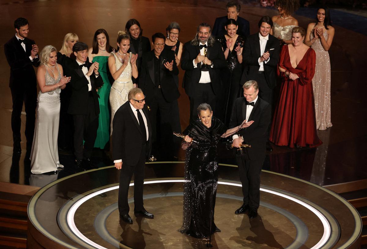 Director Christopher Nolan and producers Emma Thomas and Charles Roven win the Oscar for Best Picture for ‘Oppenheimer’ during the Oscars show at the 96th Academy Awards in Hollywood, Los Angeles, California, U.S., March 10, 2024